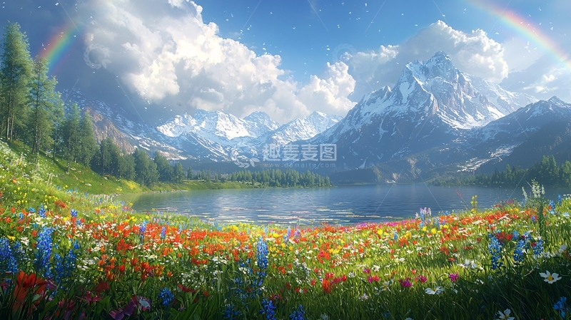 高清大图下载【趣麦麦图】彩虹雪山湖泊鲜花