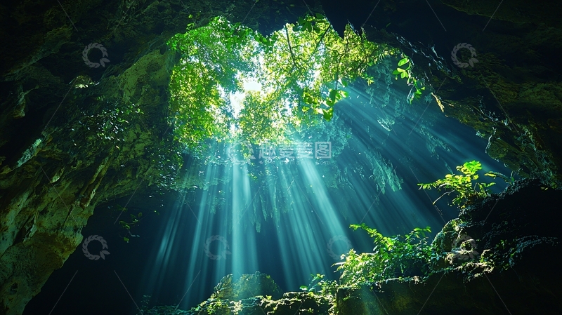 高清大图下载【趣麦麦图】洞穴阳光透过树叶