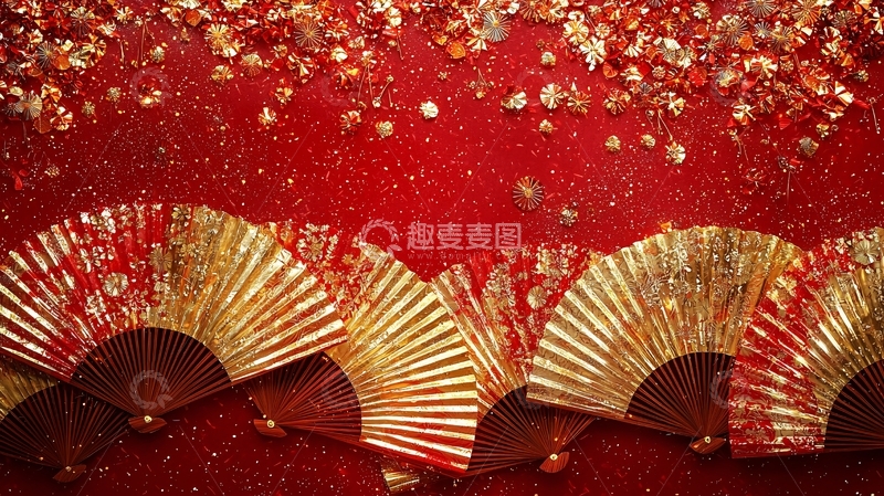 高清大图下载【趣麦麦图】中国风红色喜庆扇子背景
