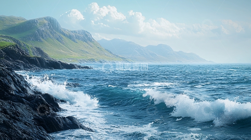 高清大图下载【趣麦麦图】海浪拍打海岸线的壮丽景色