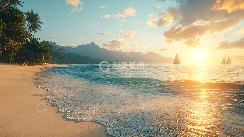高清大图下载【趣麦麦图】海滩日落帆船景色