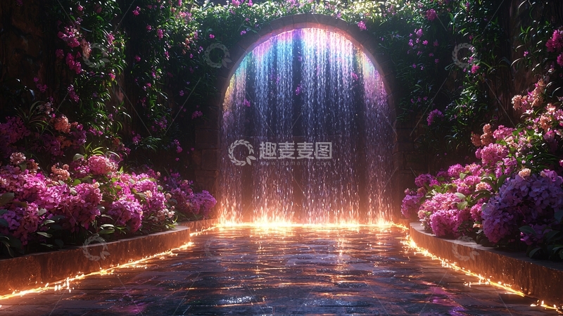 高清大图下载【趣麦麦图】梦幻花园瀑布彩虹门