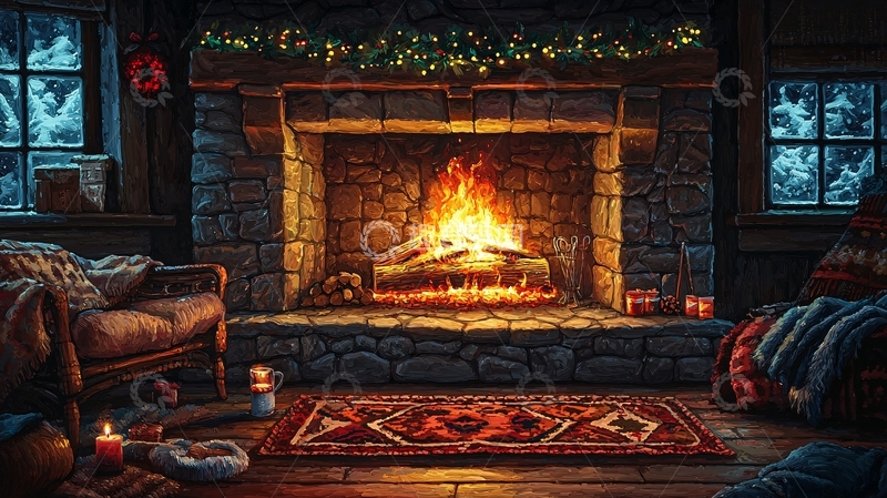 高清大图下载【趣麦麦图】温暖的壁炉旁的舒适小屋