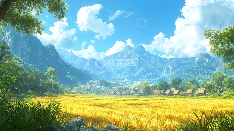 高清大图下载【趣麦麦图】阳光明媚的山谷田园风光