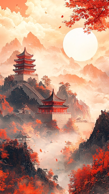 红色古风山水建筑