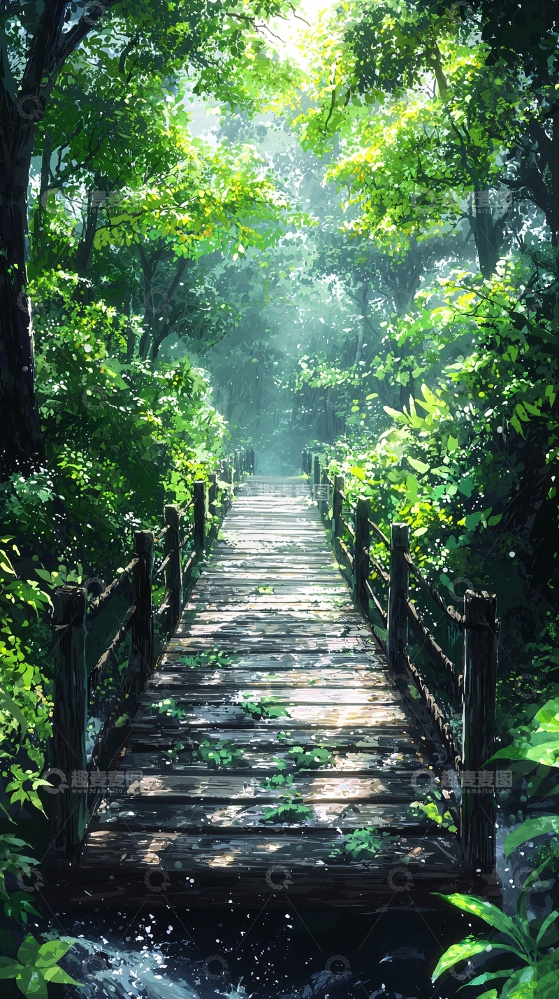 高清大图下载【趣麦麦图】绿荫小路木桥