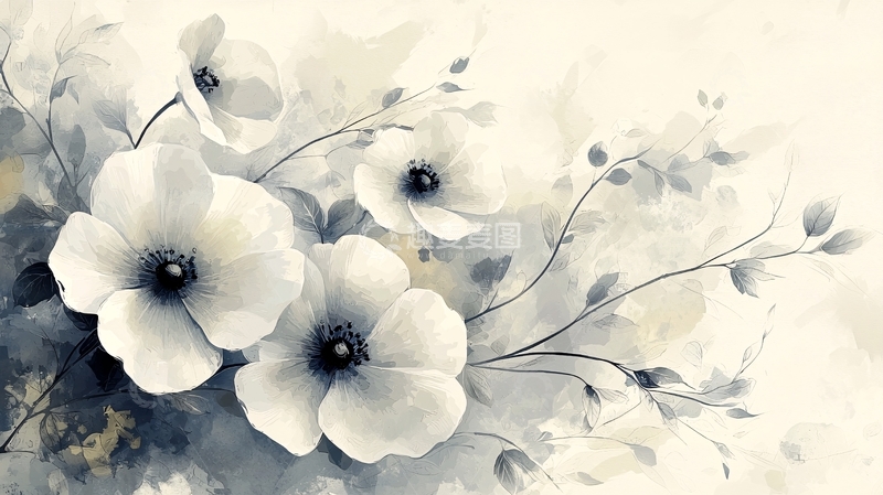高清大图下载【趣麦麦图】水墨风格灰白罂粟花