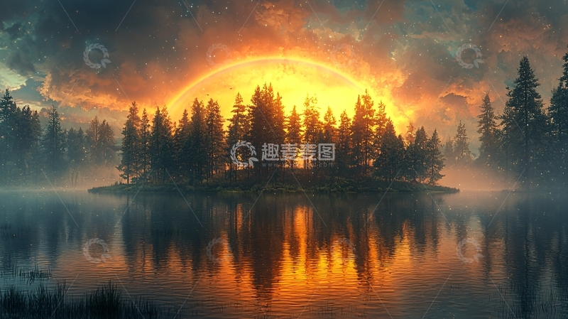 高清大图下载【趣麦麦图】湖边森林的日落美景