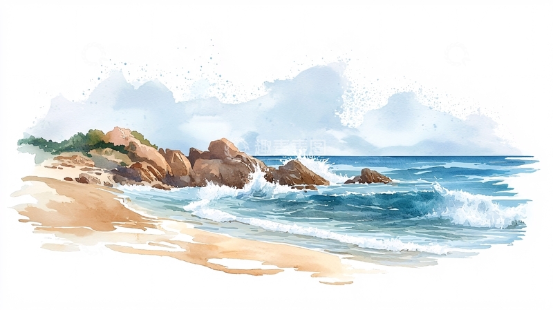 高清大图下载【趣麦麦图】海滩岩石水彩风格风景画