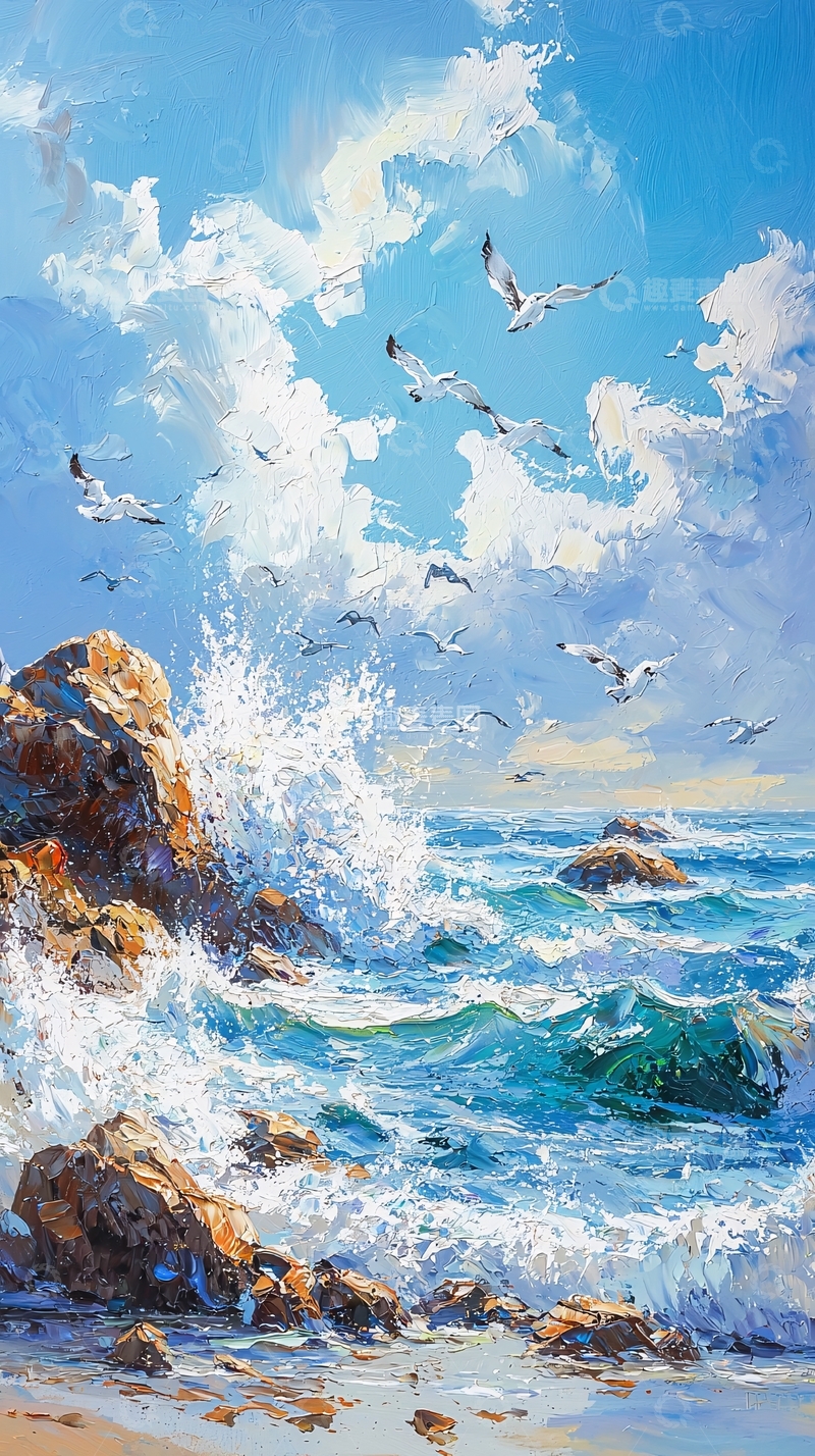 高清大图下载【趣麦麦图】海浪拍打岩石的海景油画