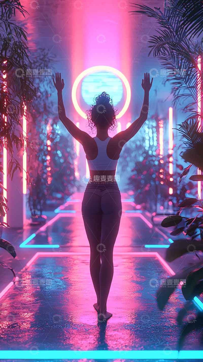 高清大图下载【趣麦麦图】霓虹灯下的瑜伽女孩