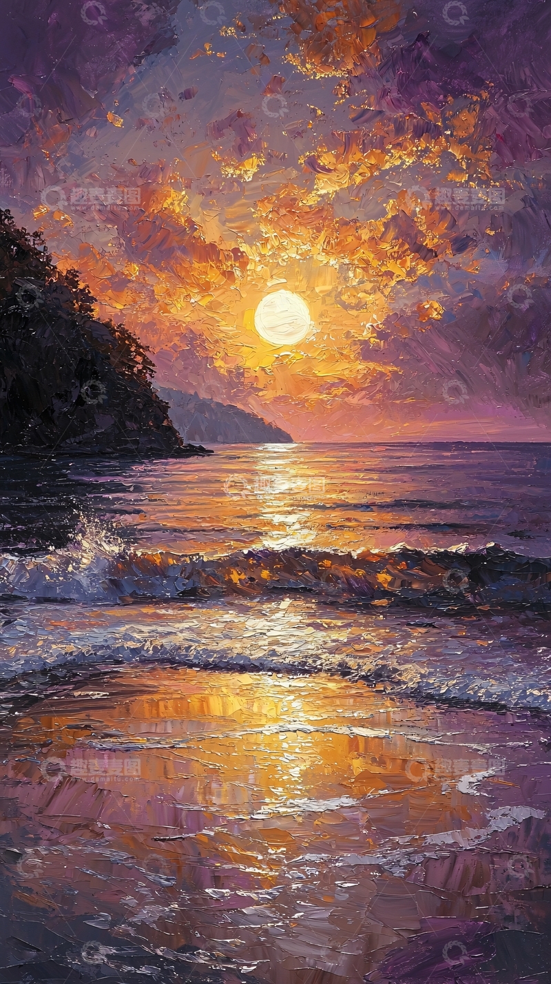高清大图下载【趣麦麦图】金色余晖下的海岸油画