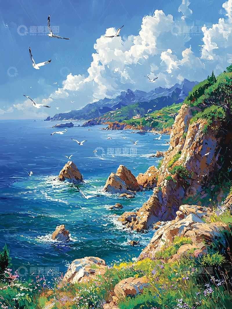 高清大图下载【趣麦麦图】美丽海岸线的风景油画