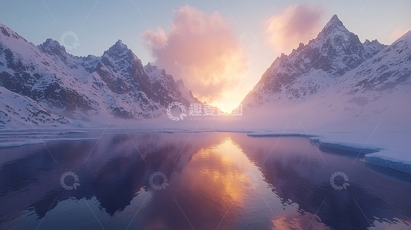 高清大图下载【趣麦麦图】雪山日出湖面倒影
