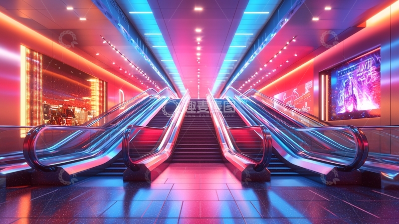高清大图下载【趣麦麦图】霓虹灯下的自动扶梯