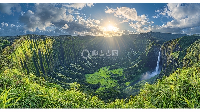 高清大图下载【趣麦麦图】绿色山谷瀑布阳光