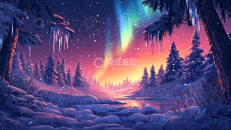 高清大图下载【趣麦麦图】极光下的雪地森林