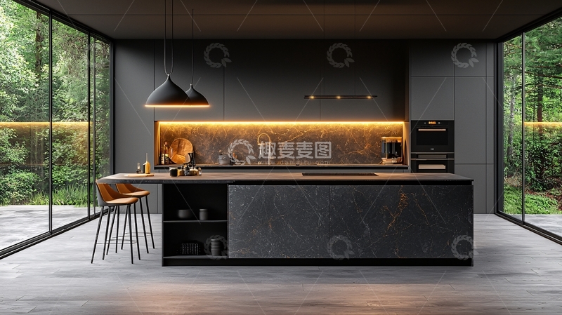 高清大图下载【趣麦麦图】现代极简黑色系厨房