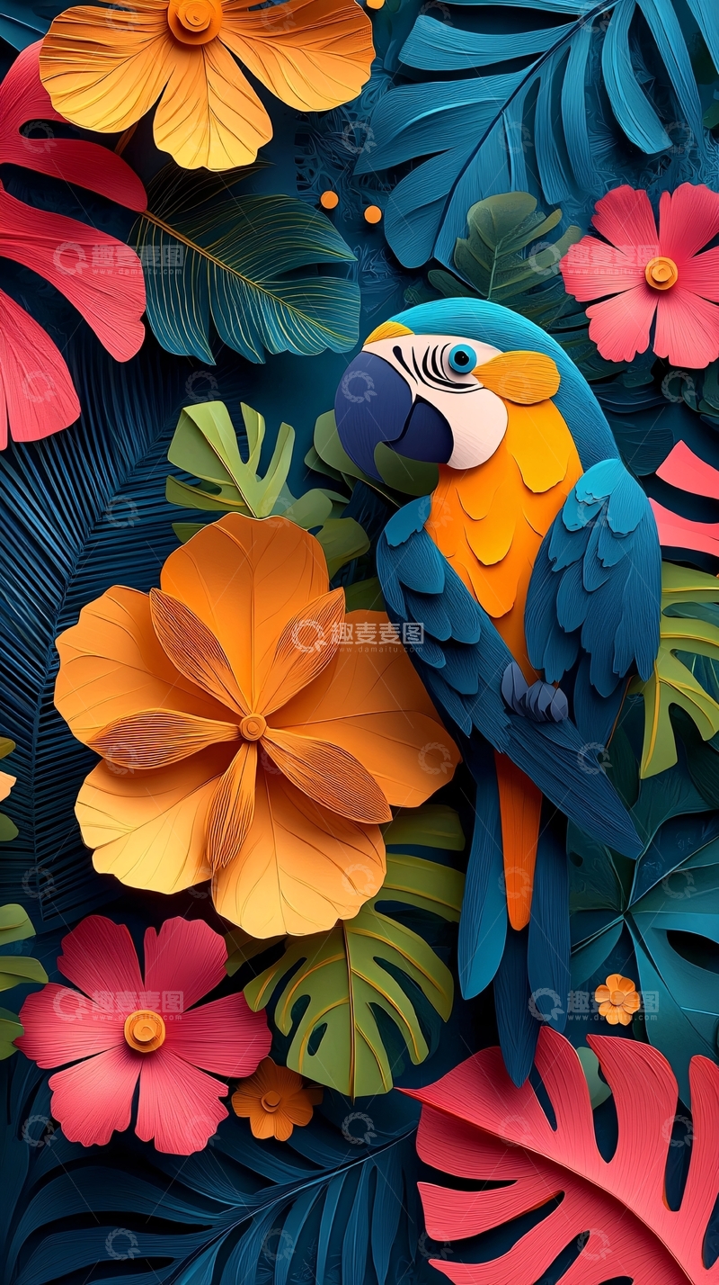 高清大图下载【趣麦麦图】鹦鹉和热带花卉剪纸艺术