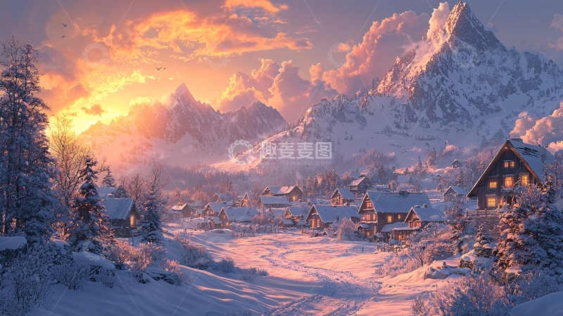 高清大图下载【趣麦麦图】雪山脚下村庄日出