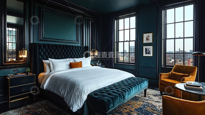 高清大图下载【趣麦麦图】深绿色系奢华酒店卧室
