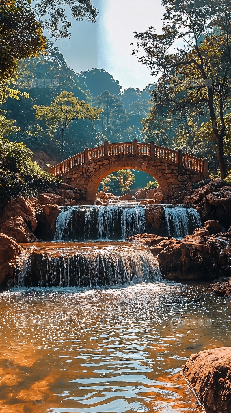 高清大图下载【趣麦麦图】石桥流水瀑布森林