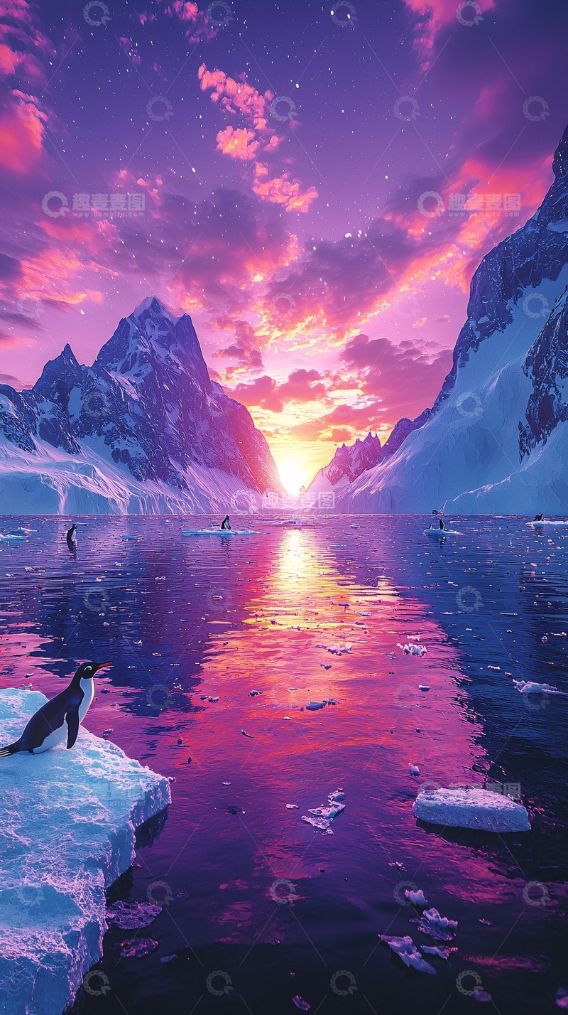 高清大图下载【趣麦麦图】极光下的南极企鹅