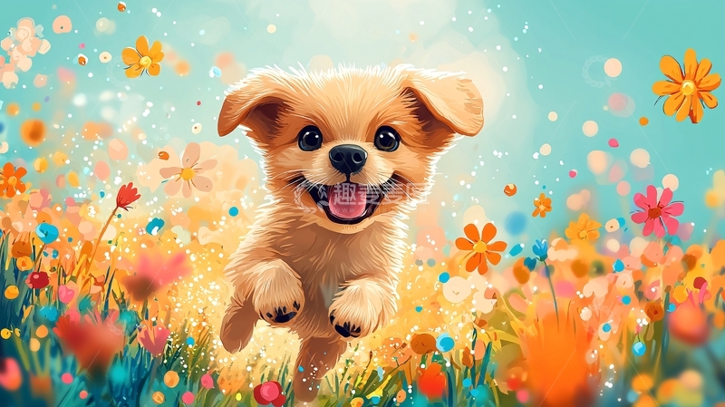 高清大图下载【趣麦麦图】快乐的小狗奔跑花田