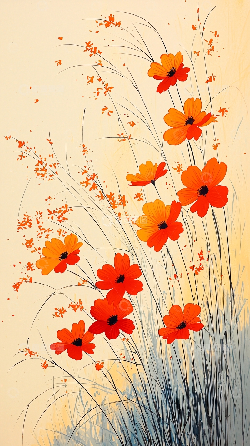 高清大图下载【趣麦麦图】橙色花卉水彩画