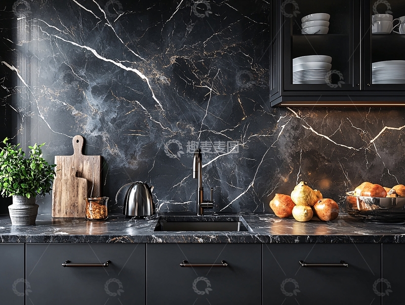 高清大图下载【趣麦麦图】黑色大理石厨房背景