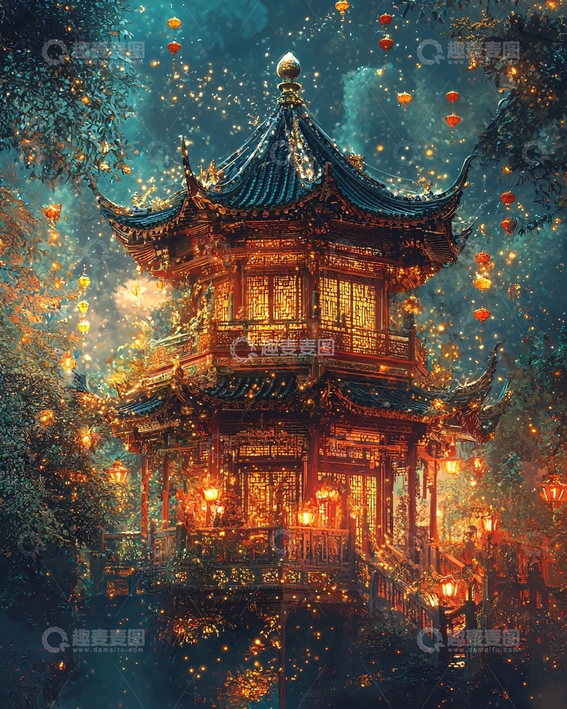 高清大图下载【趣麦麦图】夜晚灯笼中国亭台