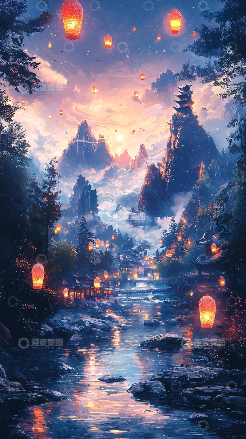 高清大图下载【趣麦麦图】宁静夜晚山水灯笼
