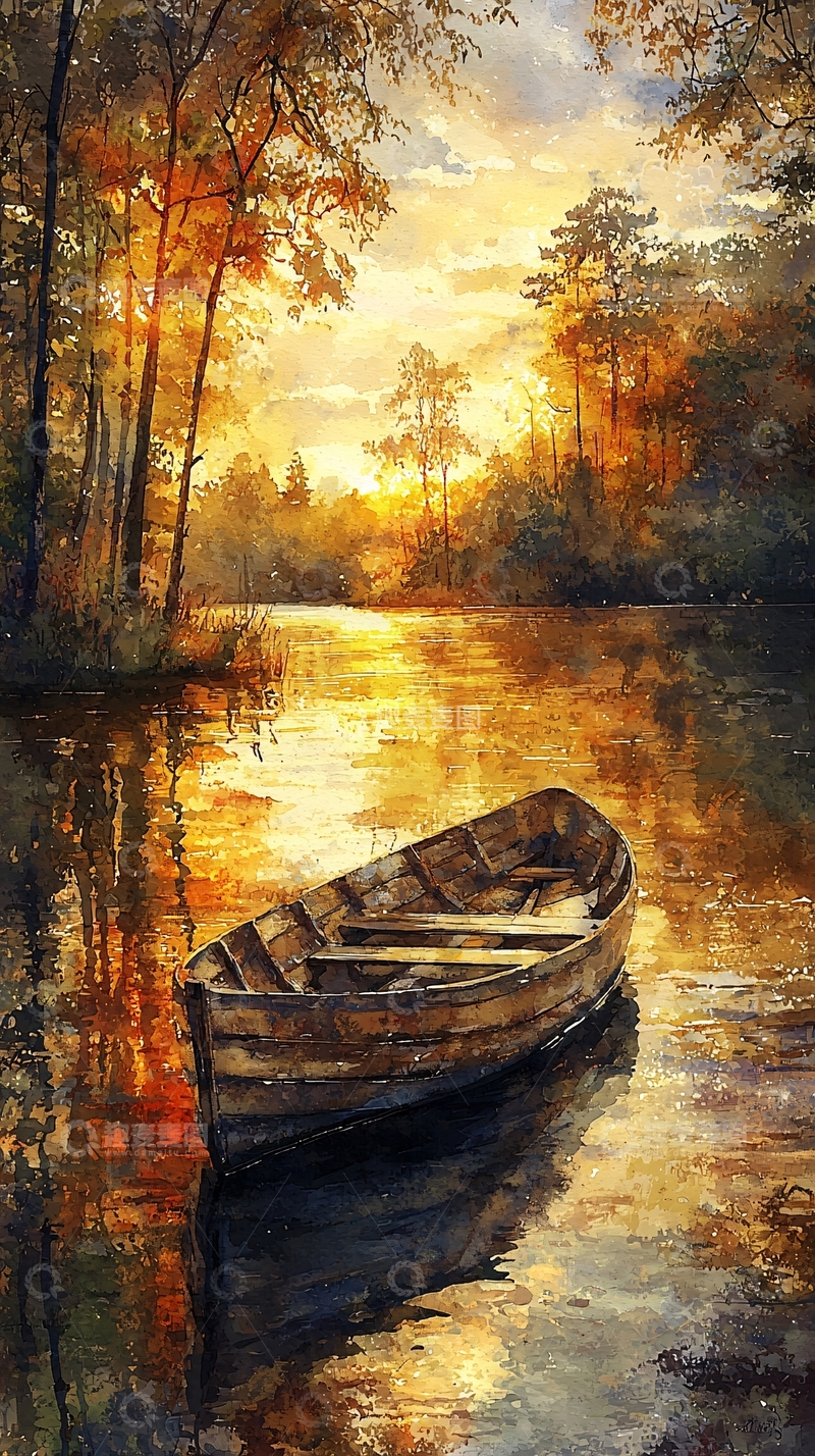 高清大图下载【趣麦麦图】夕阳西下小船湖泊