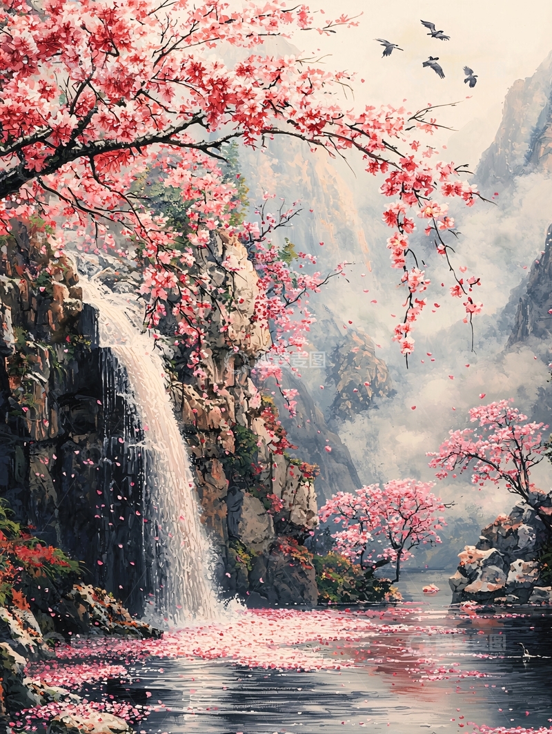高清大图下载【趣麦麦图】唯美樱花瀑布山水画