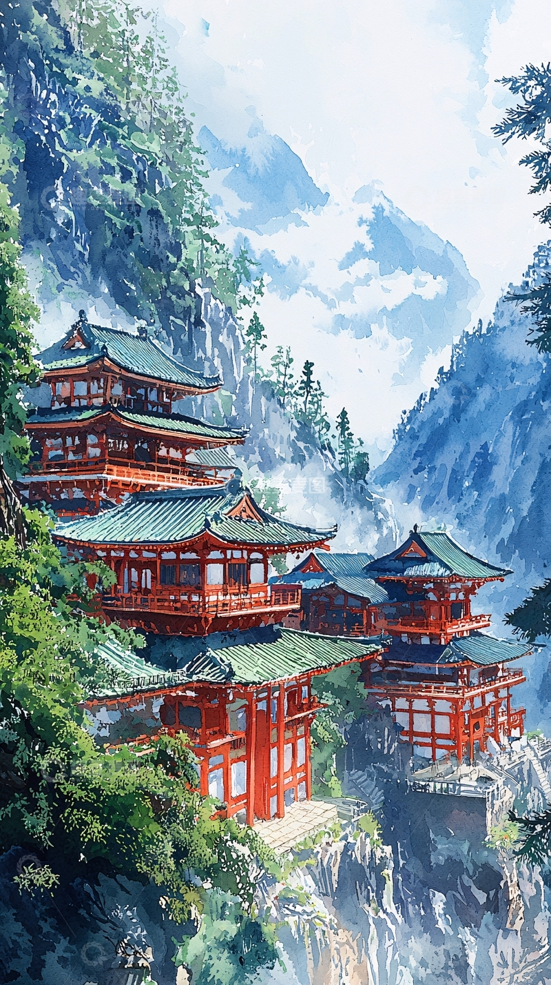 高清大图下载【趣麦麦图】山间红木寺庙