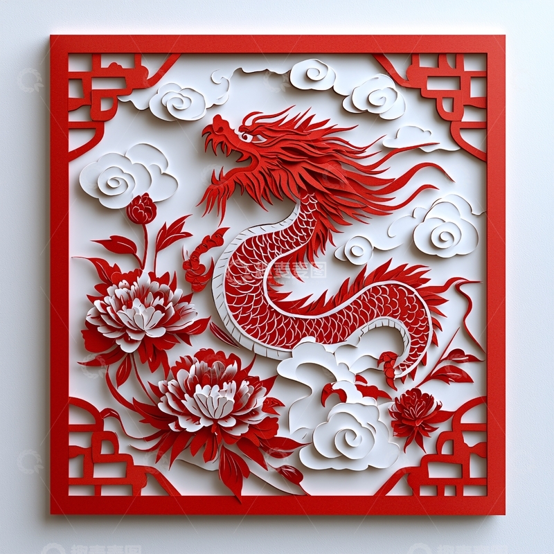 高清大图下载【趣麦麦图】红龙剪纸窗花