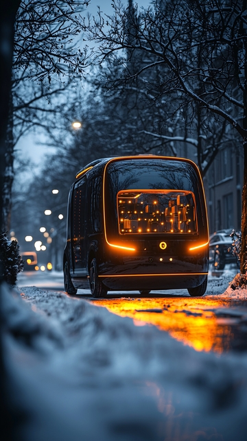 夜雪中行驶的黑色自动驾驶车辆