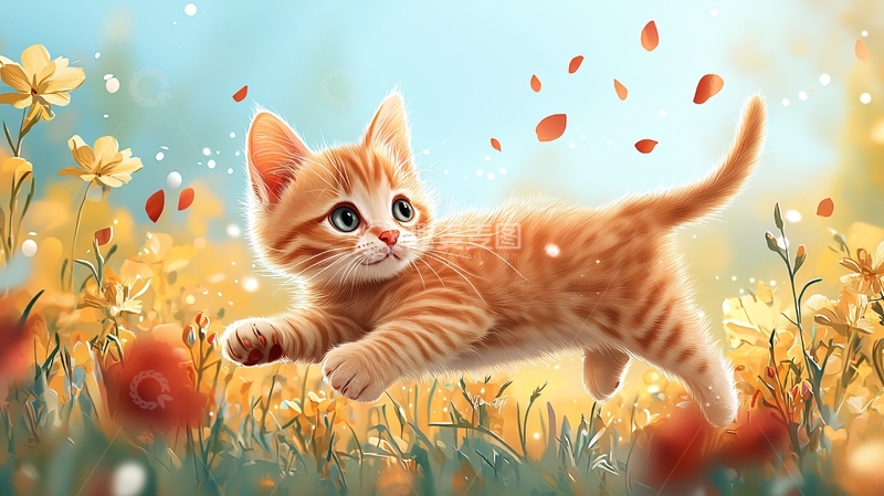 高清大图下载【趣麦麦图】可爱小猫奔跑花丛