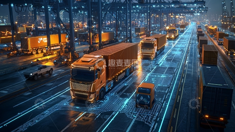 高清大图下载【趣麦麦图】夜晚港口卡车运输