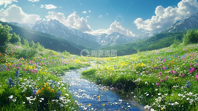 高清大图下载【趣麦麦图】山间溪流鲜花盛开的田野