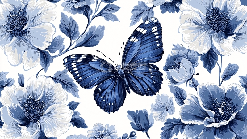 高清大图下载【趣麦麦图】蓝色蝴蝶花卉图案