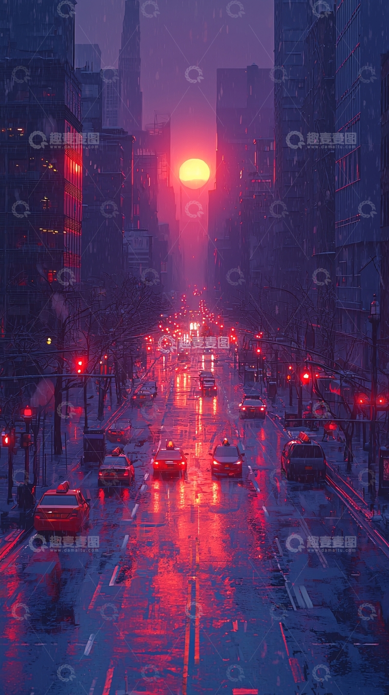 高清大图下载【趣麦麦图】日落城市街道雨夜