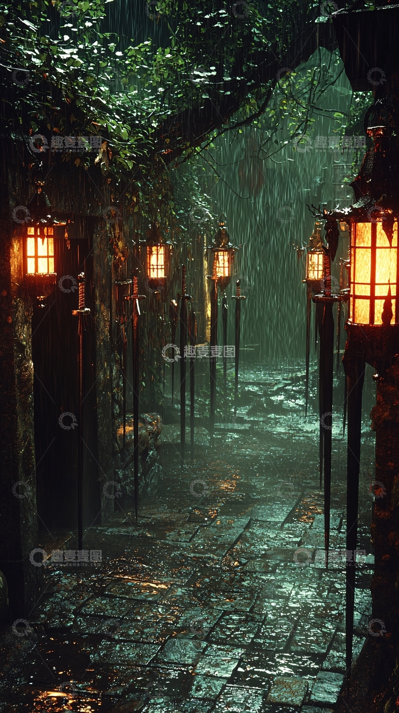 高清大图下载【趣麦麦图】雨夜古道