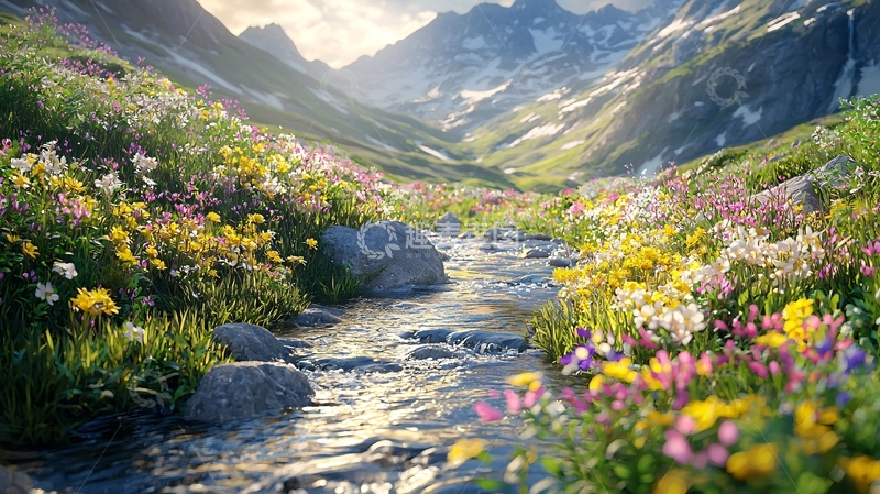 高清大图下载【趣麦麦图】山间溪流野花盛开