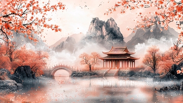 粉色山水古风建筑风景