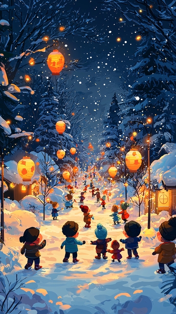 雪夜灯笼下孩童嬉戏