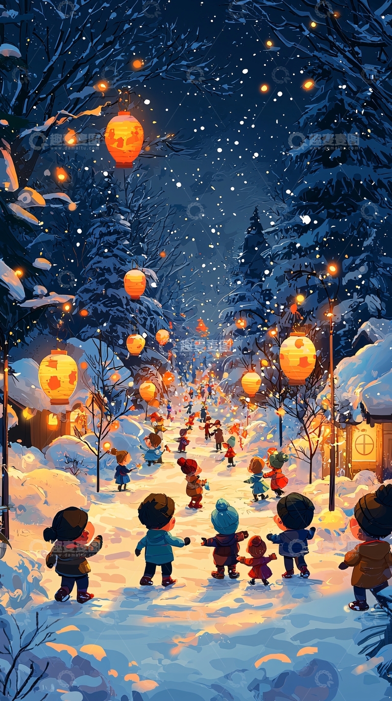高清大图下载【趣麦麦图】雪夜灯笼下孩童嬉戏