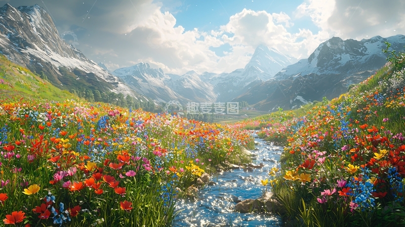高清大图下载【趣麦麦图】阿尔卑斯山脉鲜花溪流