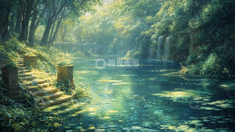 高清大图下载【趣麦麦图】森林小溪阳光明媚