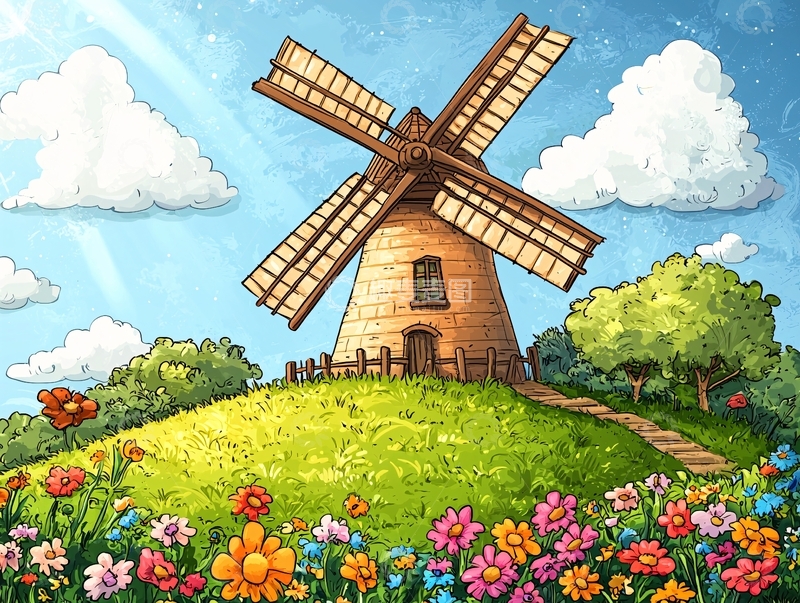 高清大图下载【趣麦麦图】阳光下的田园风车